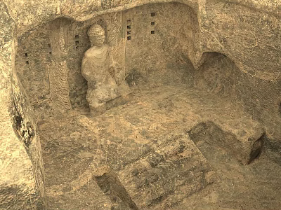 Ancient Garden Landscape Featuring Stone Buddha Statue And Carved Reliefs 3d model