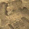 Ancient Garden Landscape Featuring Stone Buddha Statue And Carved Reliefs