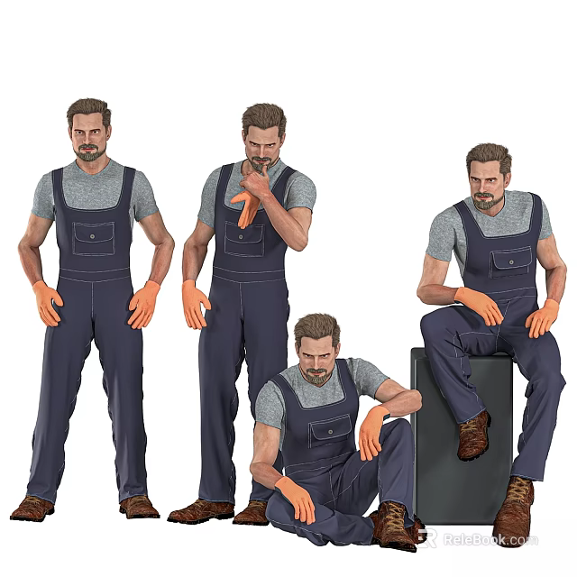 Group of Men in Blue Overalls Gray T-Shirts and Orange Gloves Various Standing Sitting Poses 3d model 