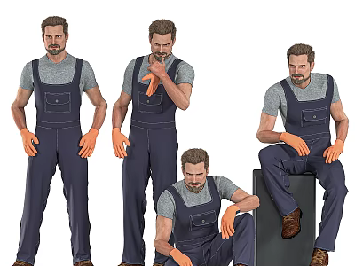 Group of Men in Blue Overalls Gray T-Shirts and Orange Gloves Various Standing Sitting Poses 3d model