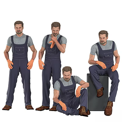 Group of Men in Blue Overalls Gray T-Shirts and Orange Gloves Various Standing Sitting Poses 3d model