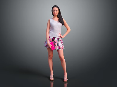 Woman Wearing Sleeveless Top Floral Skirt Holding Pink Clutch and High Heels on Gray Background 3d model