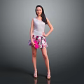 Woman Wearing Sleeveless Top Floral Skirt Holding Pink Clutch and High Heels on Gray Background