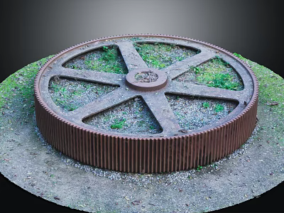 Large Rusty Industrial Metal Gear Hardware Tool in Outdoor Grass Field 3d model