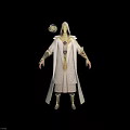Hooded Fantasy Character In White Robe With Golden Accents And Circular Shoulder Ornament