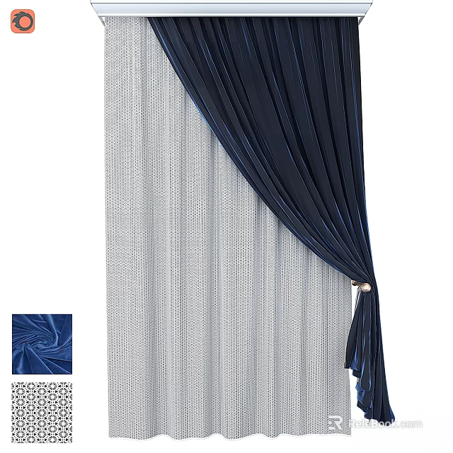 Navy Blue Velvet Curtains With White Sheer Panels And Decorative Tieback 3d model 