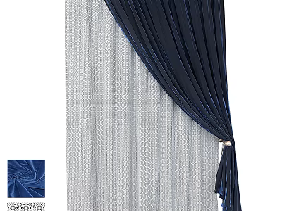 Navy Blue Velvet Curtains With White Sheer Panels And Decorative Tieback 3d model