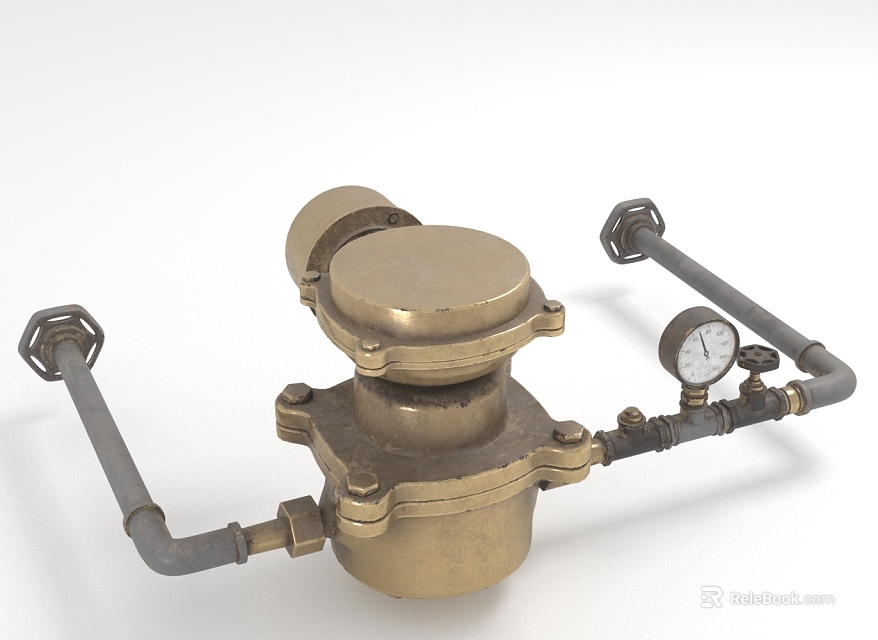 Brass Mechanical Device with Connected Pipes and Pressure Gauge on White Background 3d model 