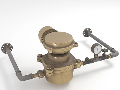Brass Mechanical Device with Connected Pipes and Pressure Gauge on White Background 3d model