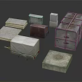Rusted Metal Scene Components With Various Boxes Lids And Trailer For Industrial Design