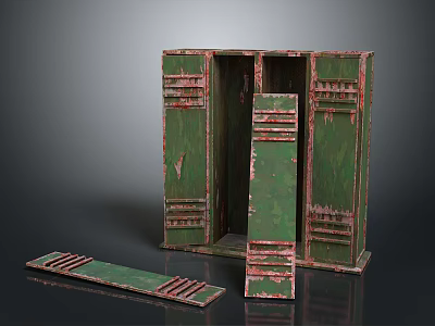 Vintage Green Cabinet With Peeling Paint Open Frame And Detached Panel Parts 3d model