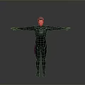 Male in Futuristic Black Bodysuit With Blue Glowing Lines Arms Outstretched Against Grey Gradient Background
