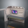 Futuristic Sci Fi Chamber Interior With Colorful Display Screen Gray Platform And Geometric Lighting