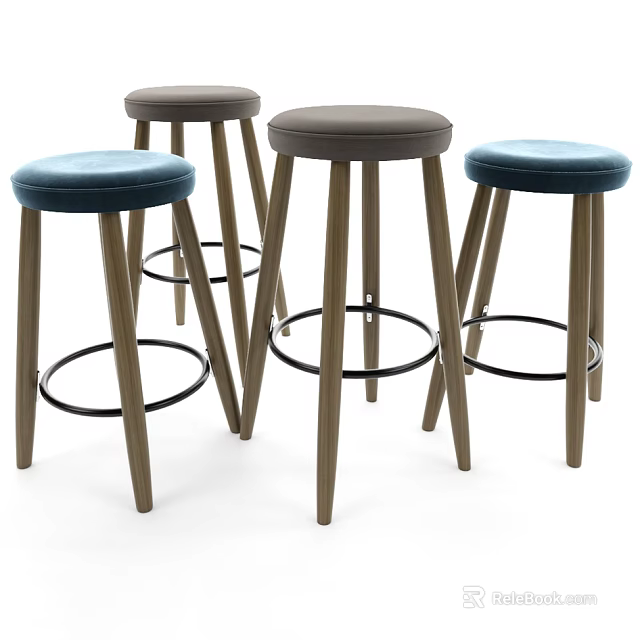 Set of Four Modern Bar Stools With Wooden Legs Metal Ring Footrest Blue Brown Seats 3d model 