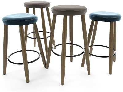 Set of Four Modern Bar Stools With Wooden Legs Metal Ring Footrest Blue Brown Seats 3d model