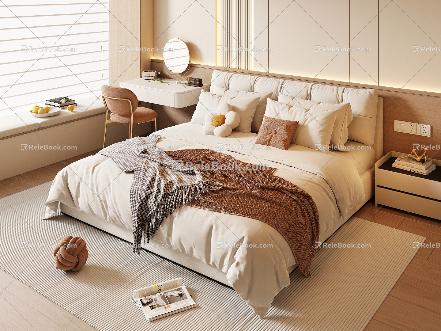 Modern Cream Style Bedroom Master Bedroom Bay Window Bedroom Cream Style Double Bed Fabric Double Bed Bedroom Dressing Table Bedside Table Ornaments Venetian Blinds 3d model