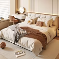 Modern Cozy Bedroom Interior With Bed Pillows Blankets Nightstand And Dressing Table