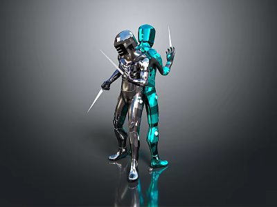 Game Movie Robot Characters in Sword Duel with Metallic Silver and Blue Translucent Bodies 3d model