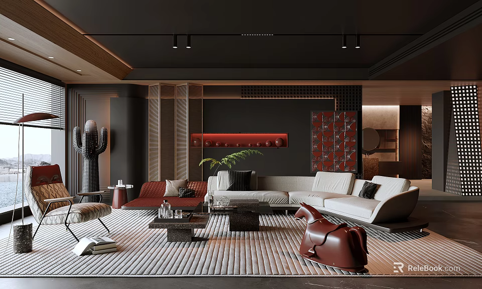 Sophisticated Modern Living Room Interior Design With Leather Sofa Metal Coffee Table And Art Decor 3d model 