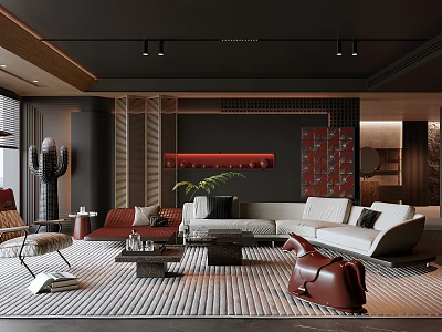 Sophisticated Modern Living Room Interior Design With Leather Sofa Metal Coffee Table And Art Decor 3d model