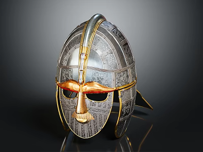 Ancient Style Decorative Helmet With Silver Gold Intricate Carved Patterns Ornate Design 3d model