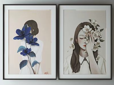Two Framed Female Portrait Paintings With Faces Obscured By Blue And White Flowers 3d model