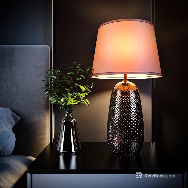 Table Lamp With Textured Base Light Shade On Bedside Table With Green Plant Vase 3d model 