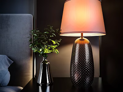 Table Lamp With Textured Base Light Shade On Bedside Table With Green Plant Vase 3d model