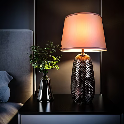 Table Lamp With Textured Base Light Shade On Bedside Table With Green Plant Vase 3d model