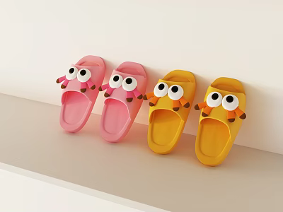 Cute Pink and Yellow Cartoon Slippers with Big Eyes and Crab Claws Design 3d model