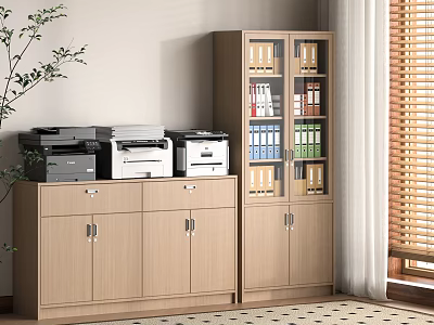Beige Wooden File Cabinet With Printers On Top And Open Compartments For Folders And Books 3d model