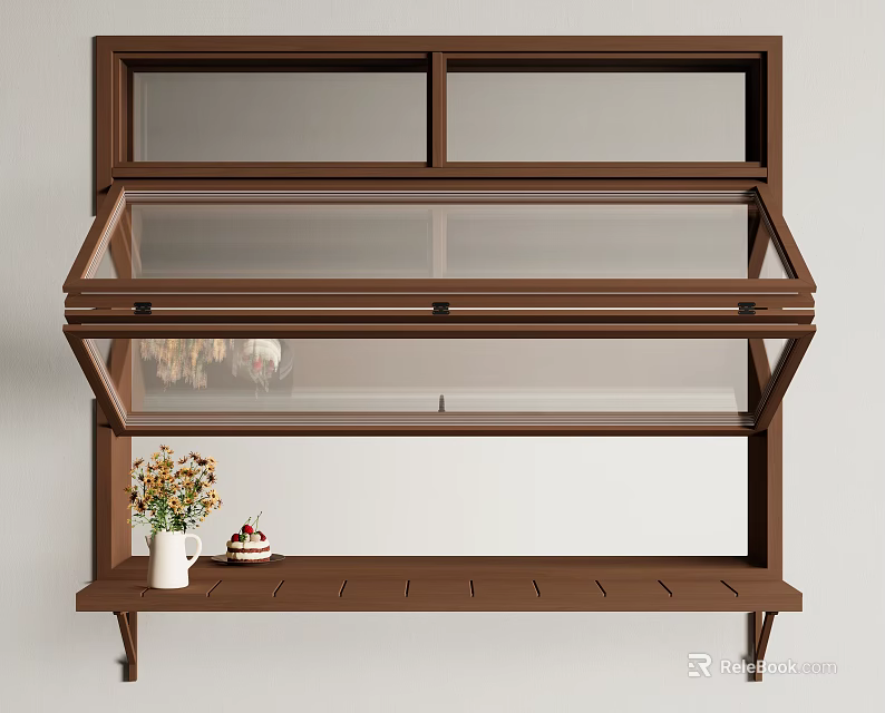 Wooden Wall Mounted Display Cabinet With Glass Doors And Lower Shelf Holding Vase And Dessert 3d model 