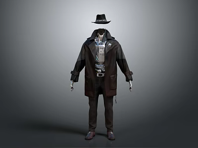 Classic Long Coat With Black Hat And Leather Details For Stylish Outfit 3d model