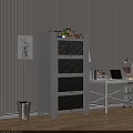 Black Bookshelf With Mesh Doors Multiple Shelves Decor Items Near White Desk With Laptop