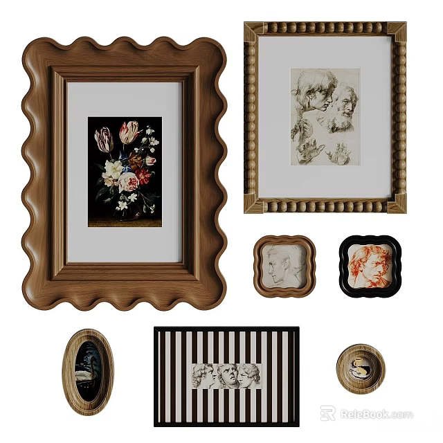 Various Decorative Photo Frames With Wooden Gold Borders And Floral Sketch Portraits 3d model 