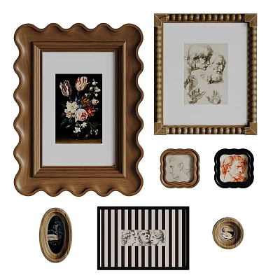 Various Decorative Photo Frames With Wooden Gold Borders And Floral Sketch Portraits 3d model