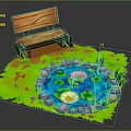 Cartoon Garden Scene With Wooden Bench Small Pond Water Lilies Lotus Flowers And Green Grass