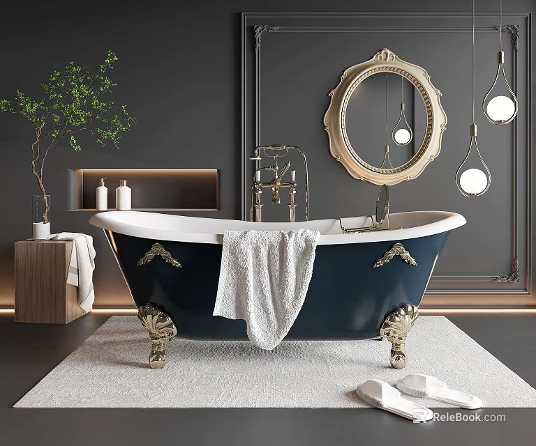 Navy Blue Vintage Bathtub With Gold Feet White Towel Gold Mirror And Green Plant 3d model 