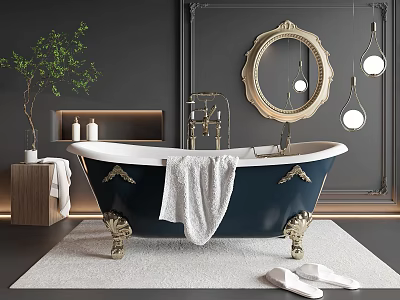 Navy Blue Vintage Bathtub With Gold Feet White Towel Gold Mirror And Green Plant 3d model