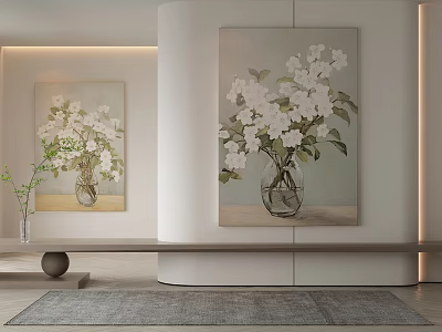 Modern Botanical Paintings Displaying White Flowers in Clear Vases on Light Colored Walls 3d model