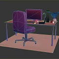 Purple Home Office Desk And Chair With Computer Lamp Plant And Apples