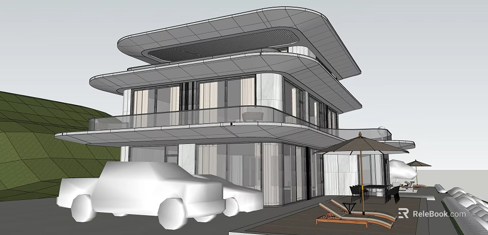 Modern Detached Villa With Large Glass Windows Balcony And Outdoor Seating Area 3d model 