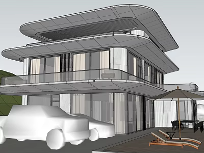 Modern Detached Villa With Large Glass Windows Balcony And Outdoor Seating Area 3d model