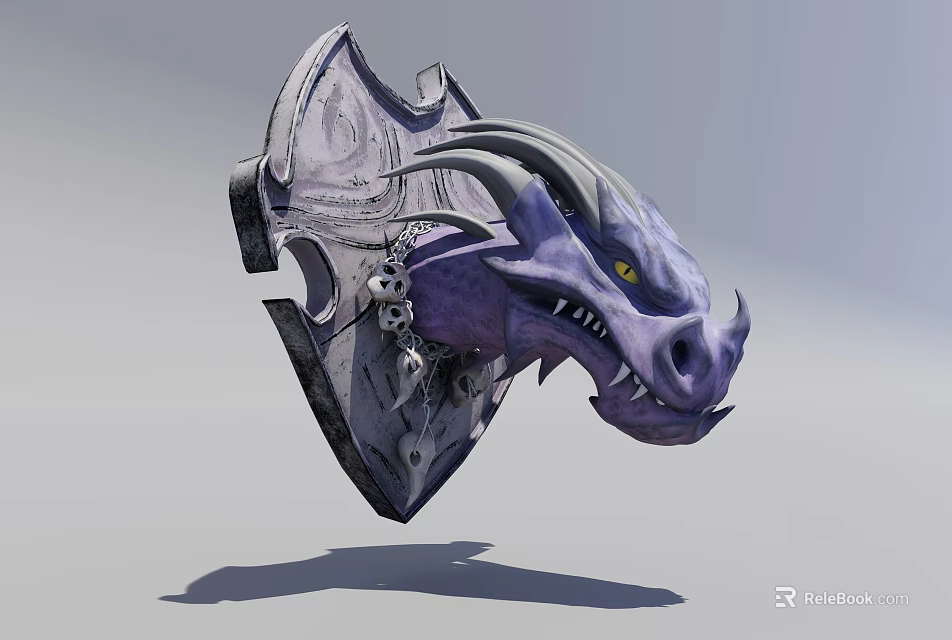 Purple Gray Dragon Head Shield Ornament Decoration Set With Yellow Eyes Horns Teeth 3d model 