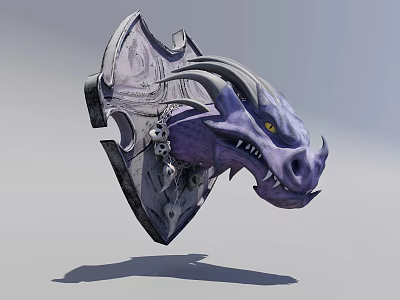 Purple Gray Dragon Head Shield Ornament Decoration Set With Yellow Eyes Horns Teeth 3d model