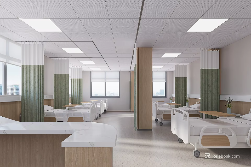 Hospital Outpatient Clinic Interior With Multiple Beds Green Curtains And Nurse Station 3d model 