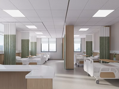 Hospital Outpatient Clinic Interior With Multiple Beds Green Curtains And Nurse Station 3d model