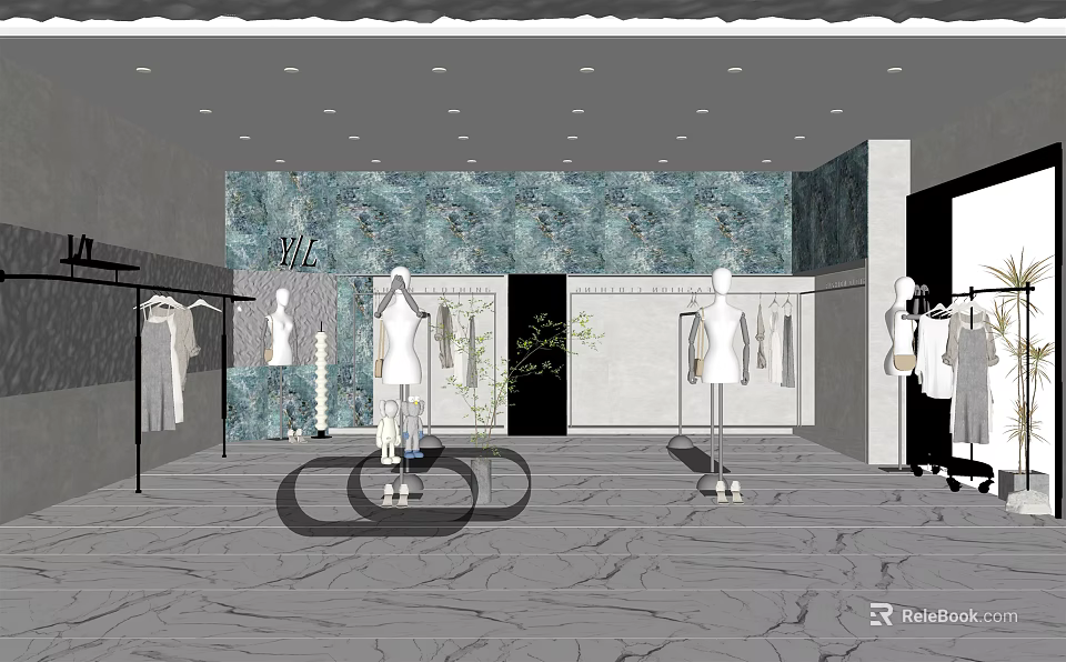 Modern Clothing Store Interior Design Featuring Mannequins Hanging Apparel And Textured Wall 3d model 