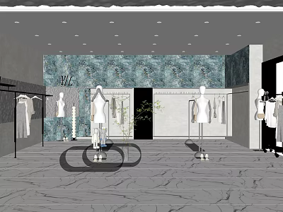 Modern Clothing Store Interior Design Featuring Mannequins Hanging Apparel And Textured Wall 3d model
