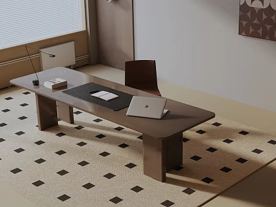 Modern Dining Table Set with Chair Laptop Documents and Lamp on Black White Checkered Rug 3d model